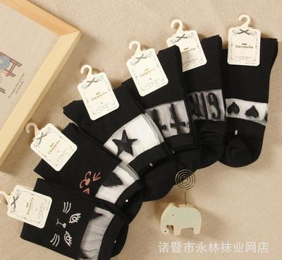 【春款新品caramella女士短丝袜 提花卡通图拼接 包芯丝】价格_厂家_图片 -